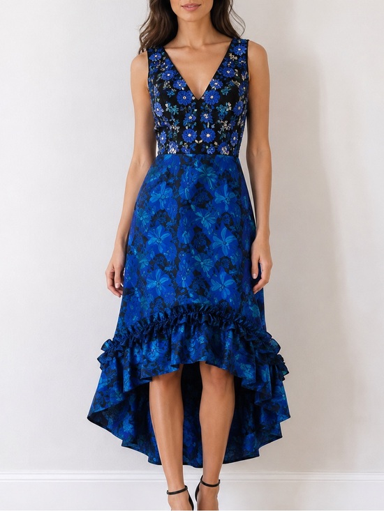 Badgley Mischka Dresses & Skirts - Belle Badgley Mischka Blue Embroidered High Low Jacquard Dress Size 6